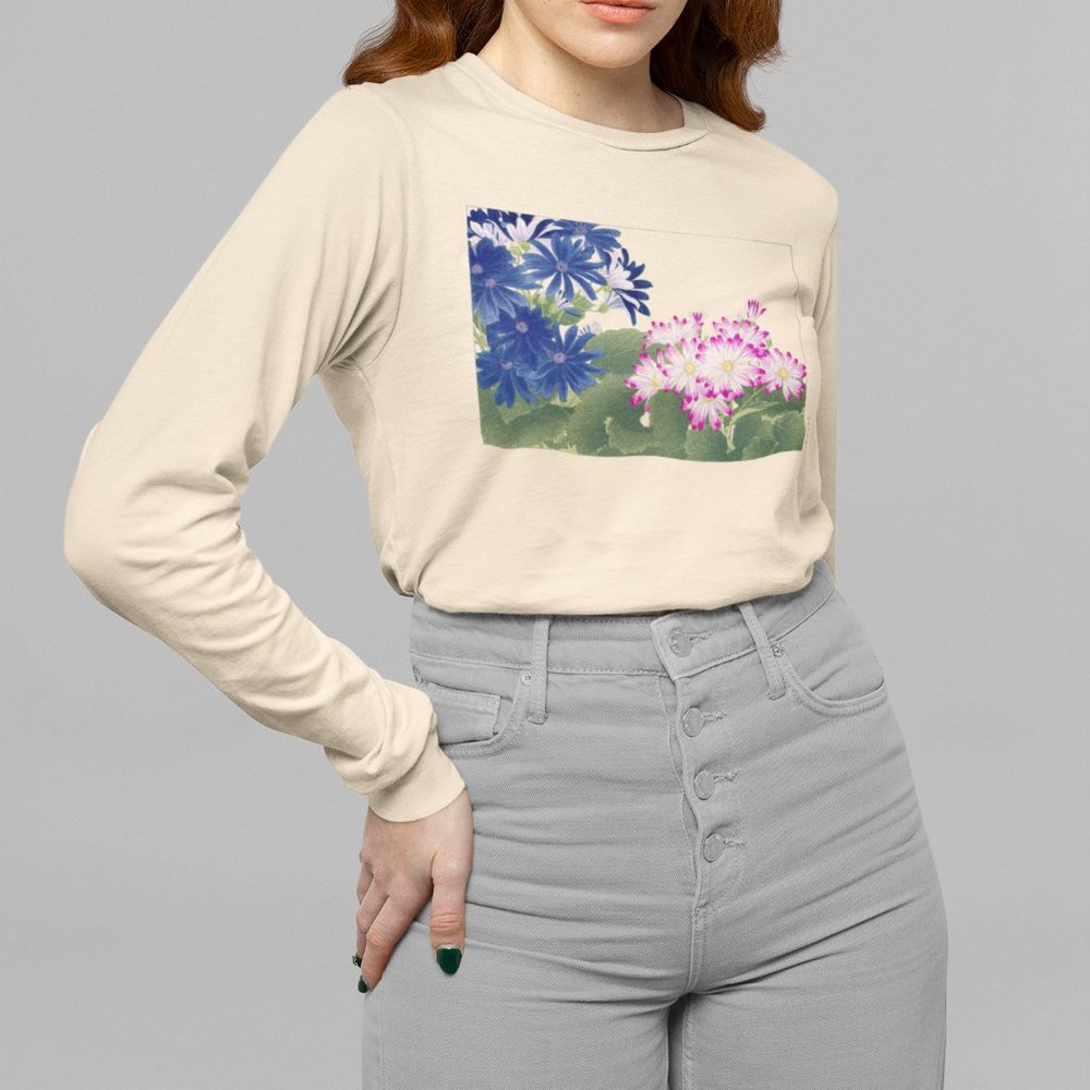 Japanese Cineraria Flower Ukyio-e Print Long Sleeve Graphic Tee T-shirt S M L XL